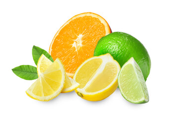 Citrus fruits. Fresh orange, lemons and limes on white background