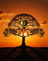 A conceptual image featuring a tree silhouette with the Bitcoin logo, set against an amber-toned sunset
