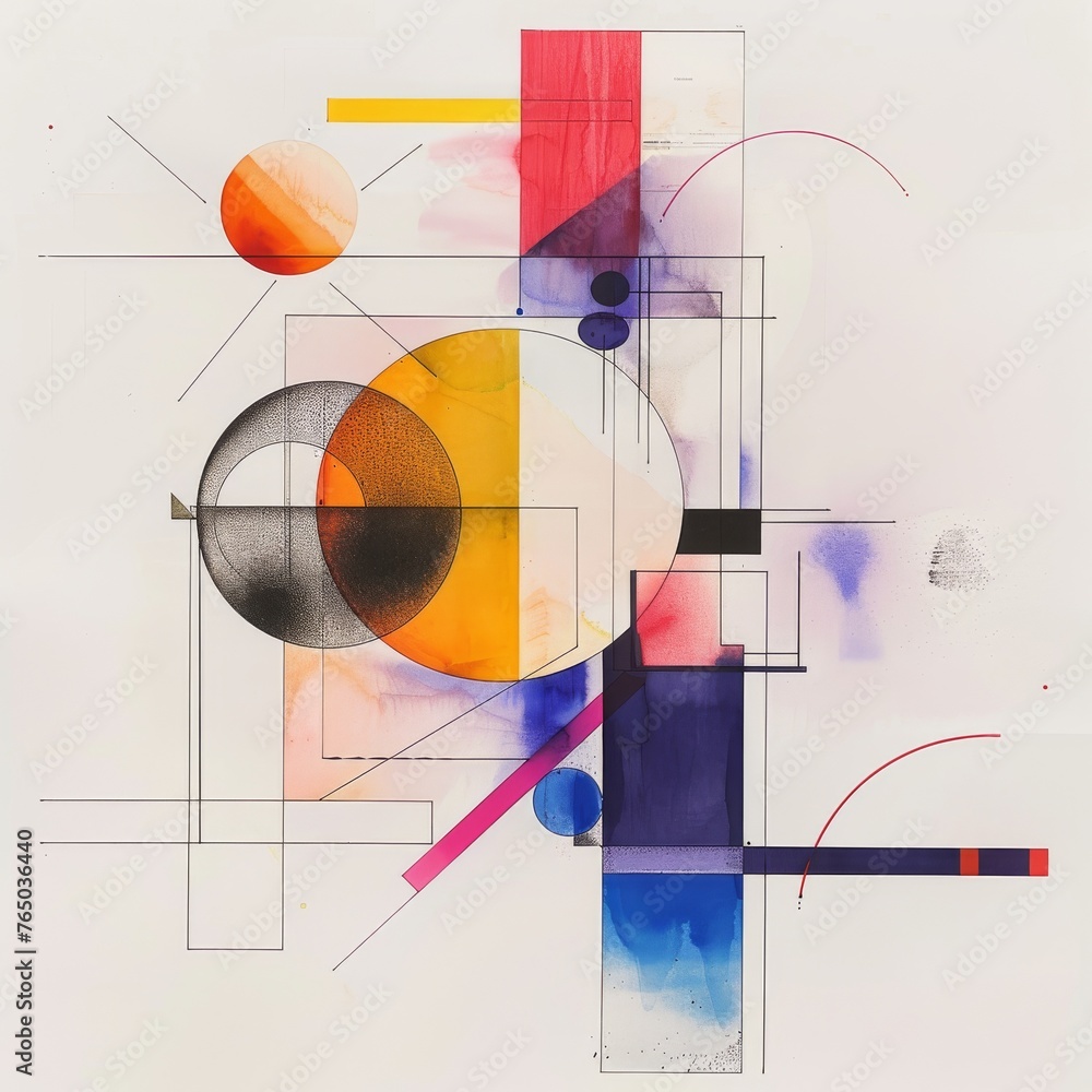 Poster abstract artwork featuring circles and intersecting lines with a soft color palette, ideal for moder