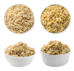 Tasty quinoa porridge in bowls isolated on white, top and side views