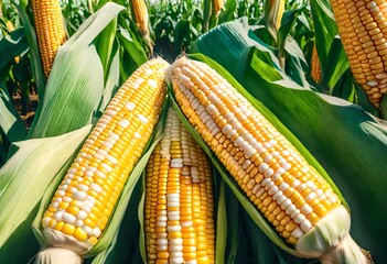 Corn on the cob in field. - obrazy, fototapety, plakaty