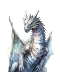 Watercolor illustration of a dragon on white background.