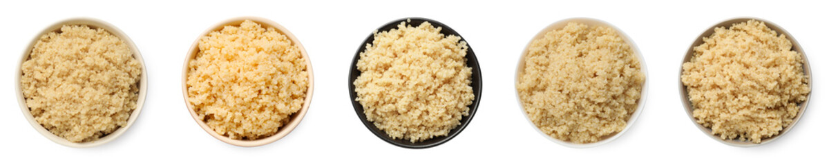 Tasty quinoa porridge in bowls isolated on white, top view