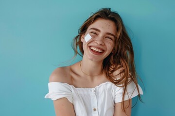 woman laughing after vaccination bandaid on shoulder standing isolated on blue background studio Business showing banner click on link - obrazy, fototapety, plakaty