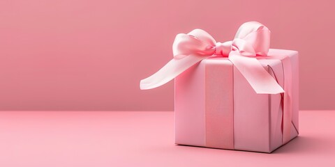 A pink gift box with a satin ribbon on a pastel background.