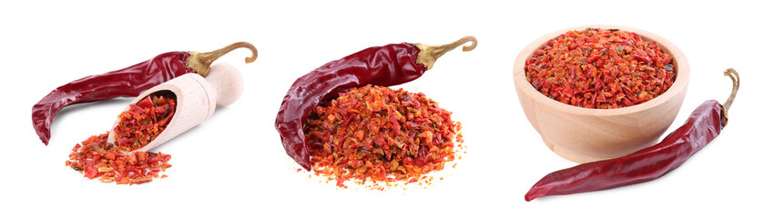 Aromatic spices. Red chili pepper flakes and whole dried peppers on white background, set