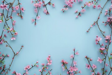 Cherry blossoms frame a tranquil blue background, perfect for a spring-themed greeting.