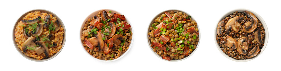 Different lentil dishes in bowls on white background, top view