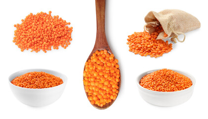 Raw red lentils on white background, set