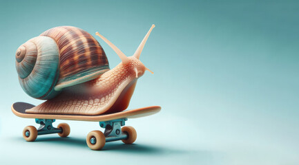 A snail on a skateboard symbolizes perseverance and the ability to find a way out of any situation. - obrazy, fototapety, plakaty