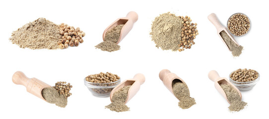 Aromatic spices. White peppercorns and ground pepper on white background, set