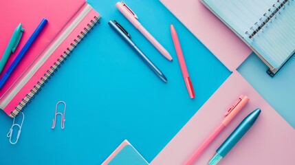 Organized school supplies: top view of simple & neat blue and pink items with ample copy space for creativity - obrazy, fototapety, plakaty
