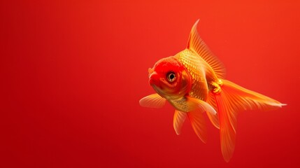 Fototapeta premium Elegant Goldfish in Red: A single goldfish swimming in a striking red backdrop, embodying simplicity and elegance in aquatic design