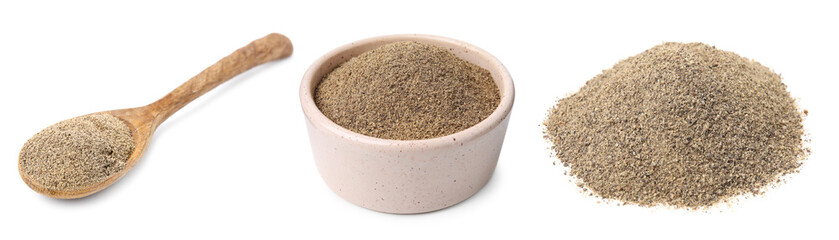 Aromatic spices. Ground black pepper on white background, set