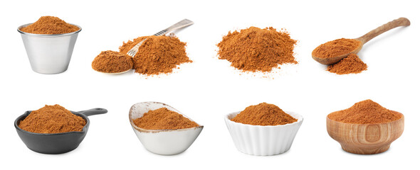 Aromatic spices. Ground red pepper on white background, set
