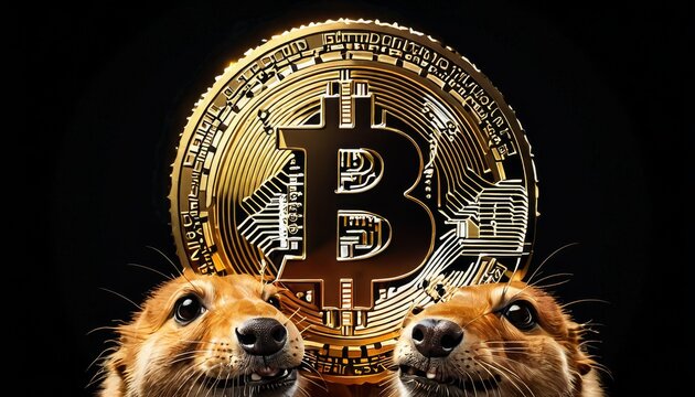 Two lion cubs side by side with a golden Bitcoin coin, representing youthful curiosity and the novelty of digital currencies.