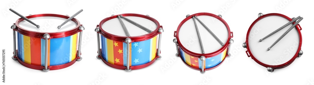 Poster Bright toy drums and sticks on white background, set