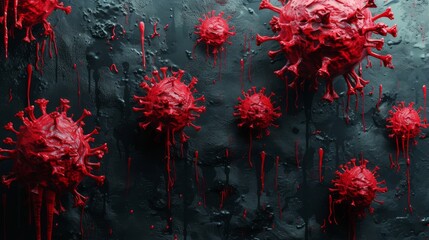 A conceptual image portraying red virus models against a dark, textured background, symbolizing disease and microbiological threats