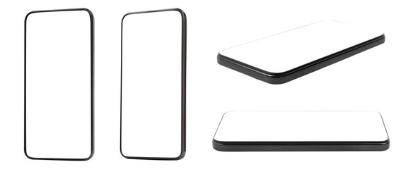 Smartphone with empty screen on white background, different angles. Mockup for design