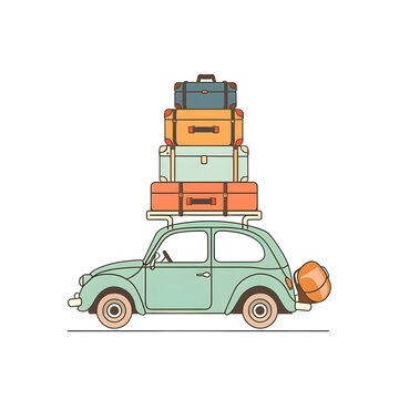 car with surfboard, suitcases and palms, Summer vacation  travel concept