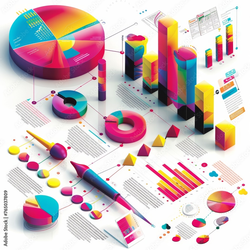 Aufkleber an array of vibrant 3d bar graphs, pie charts, and data points, symbolizing dynamic and engaging sta