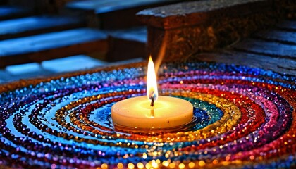 A tealight candle calmly burns on a bed of colorful glass beads, creating a mesmerizing pattern of light and color - obrazy, fototapety, plakaty