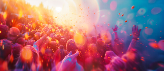 crowded blurred people with colorful holi powder - obrazy, fototapety, plakaty