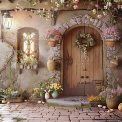 Vintage Easter Gateway Backdrop featuring a cobblestone floor and an old-fashioned door, adorned with spring flowers and festive Easter decor.