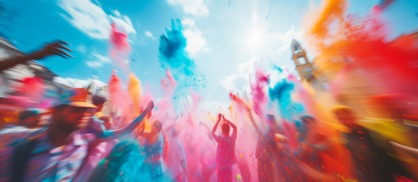 crowded blurred people with colorful holi powder