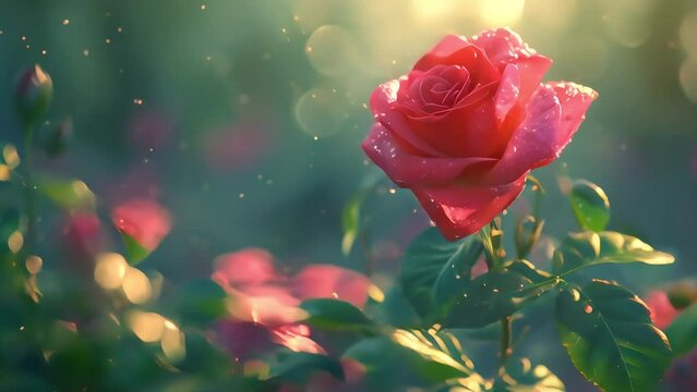 Animated of Closeup Rose flower with fresh dew drops 