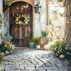 Fototapeta na wymiar Vintage Easter Gateway Backdrop featuring a cobblestone floor and an old-fashioned door, adorned with spring flowers and festive Easter decor.