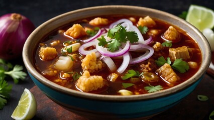 Traditional mexican chili con carne in bowl over dark wooden background.