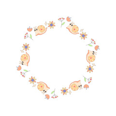 cute frame, with snail and flowers infant, summer spring for congratulations, announcements. on white background