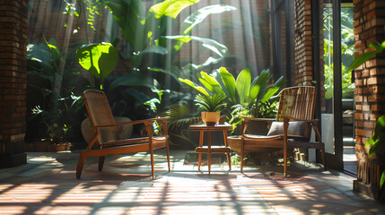 Sun-drenched Patio with Tropical Plants
