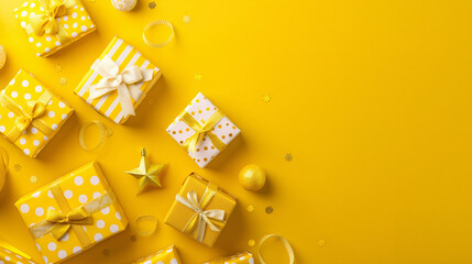 Vibrant Yellow Gift Boxes with White Polka Dots and Stripes
