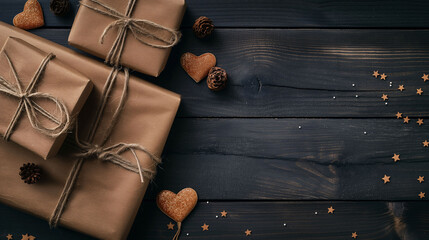Craft Paper Wrapped Gifts with Pine Cones and Heart Accents
