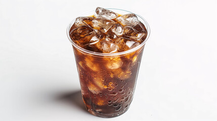 Sparkling Cola Beverage with Ice Cubes on White Background
