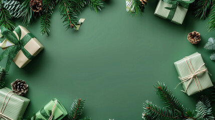 Christmas Gifts and Pine Cones Border on Green Background

