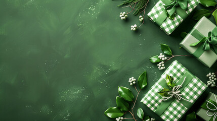 Checkered Patterned Presents with Leaves and Berries
