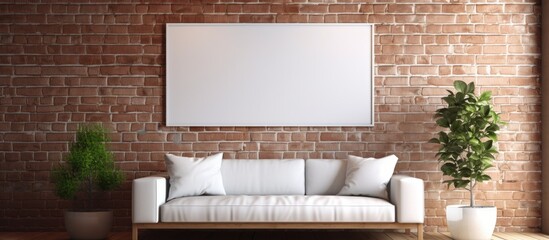 Mockup of a blank poster displayed on a textured brick wall background, suitable for adding custom...