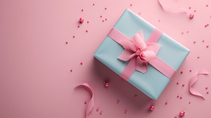 Obraz na płótnie Canvas Elegant Gift with Pink Ribbon on Pastel Background 