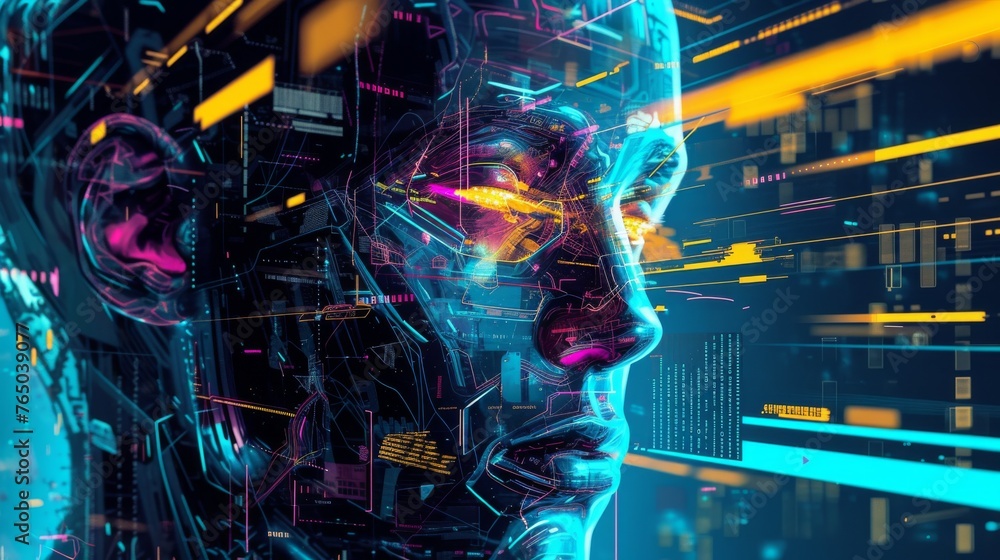 Poster a vibrant digital artwork of a human profile interlaced with data streams, embodying the concept of 