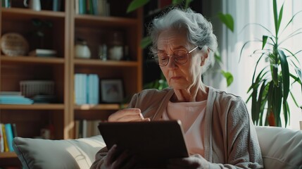 Old Woman Using Tablet Device at House