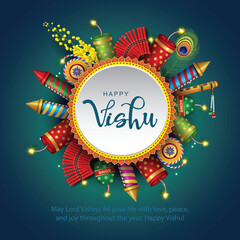 Happy Vishu greetings. April 14 Kerala festival with crackers. abstract vector illustration design