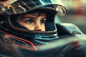 A young child wearing a helmet. Concept of curiosity and wonder. race car a 5-year-old boy is driving a race car and speeding on the track,dark hair,big eyes,driving a race car in a helmet. - obrazy, fototapety, plakaty