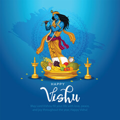 Happy Vishu greetings. April 14 Kerala festival with Vishu Kani, vishu flower Fruits and vegetables in a bronze vessel. abstract vector illustration design