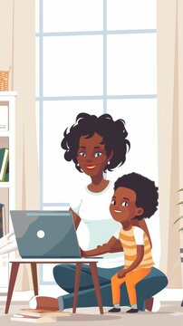 Happy african american single mother helping child with distance education. Online education, Generative AI