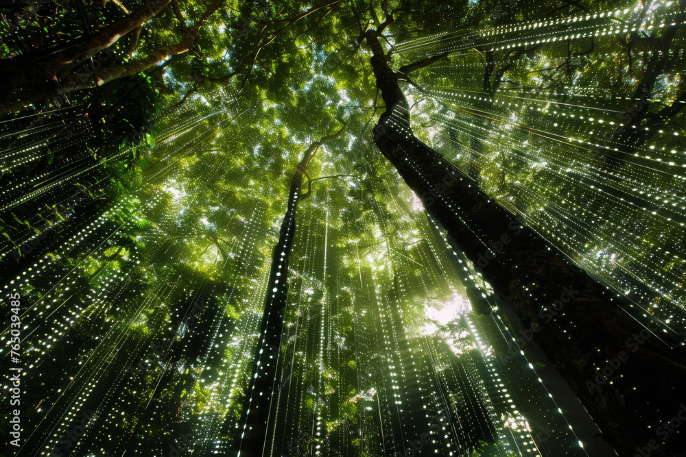 Poster a forest with trees that are lit up with lights