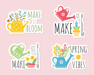 Set of spring stickers. Colorful watering cans with beautiful flowers. Stickers on spring theme in pastel colors, lettering about spring, flowers, blossoming tree branches