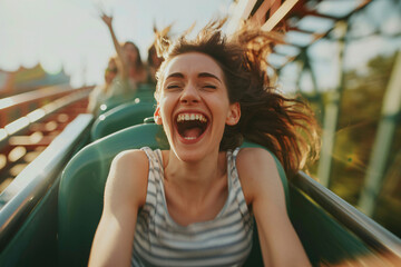 Woman laughing on roller coaster ride